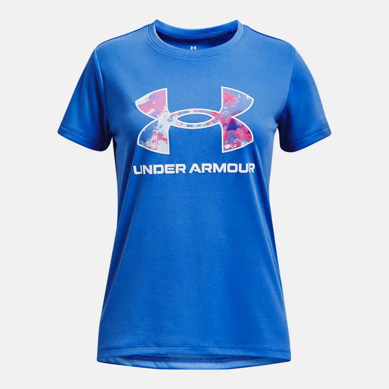 Girls'  Under Armour  Tech™ Print Fill Big Logo Short Sleeve Water / White YLG (59 - 63 in)